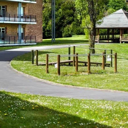 Espace extérieur bien entretenu avec un chemin pavé - Parcours extérieur